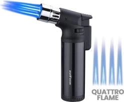Torch Silver Match Quattro - Zwart - 4 Flammes - Briquet - Rechargeable - Feux D'artifice - Brûleur à Gaz