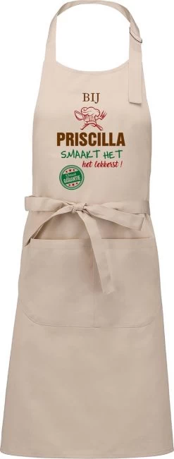KARIBAN Cadeau Nom - Tablier Nom - Tablier De Cuisine Avec Votre Naam - Tablier De Cuisine - Anniversaire - Fête Des Mères - Beige - Il A Meilleur Goût Avec : Priscilla