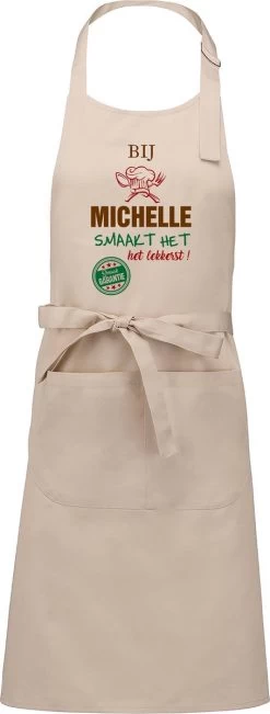 KARIBAN Cadeau Nom - Tablier Nom - Tablier De Cuisine Avec Votre Naam - Tablier De Cuisine - Anniversaire - Fête Des Mères - Beige - Il A Meilleur Goût Avec : Michelle