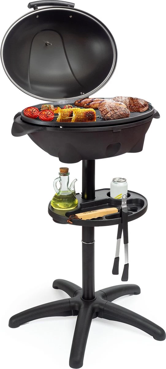 Barbecue électrique KitchenBrothers - Barbecue De Table Avec Plancha - Revêtement Antiadhésif - Incl. Etagère / Système De Fixation Pour GPS - Surface BBQ Grill 46,5x33,8cm - 5 Positions Jusqu'à 300°C - 2400W - Zwart
