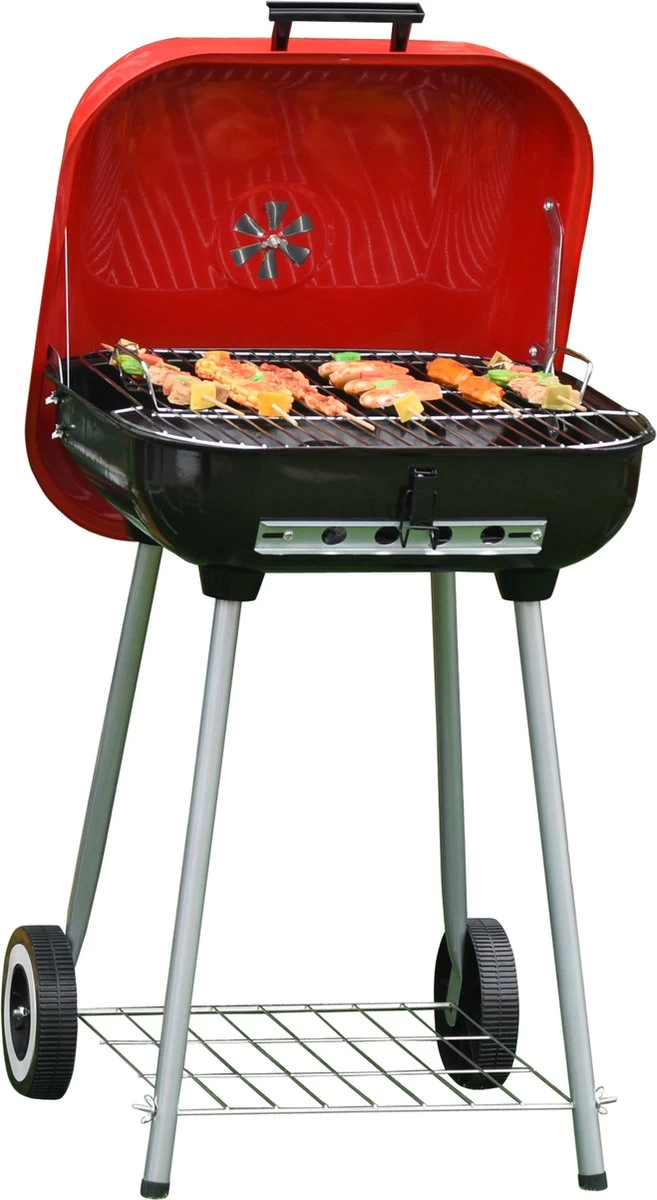 Barbecue à Charbon Outsunny Sur Roulettes Barbecue Chariot Boule Barbecue Grill Avec Couvercle BBQ Métal Rouge 01-0569 – Image 2