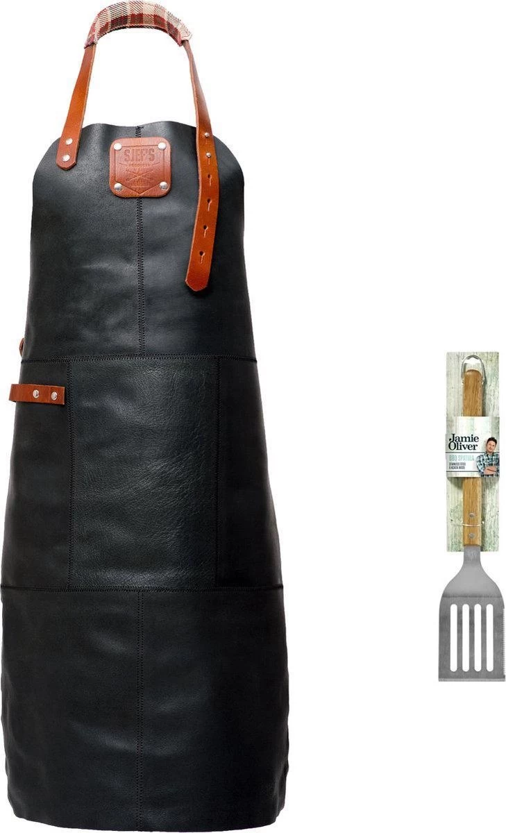 Sorprese Premium – Tablier Bbq – Carreaux Noir-cognac – Tablier Bbq Homme – 100 % Cuir Premium – Y Compris Spatule Bbq Jamie Oliver - Tablier Bbq Cuir Homme
