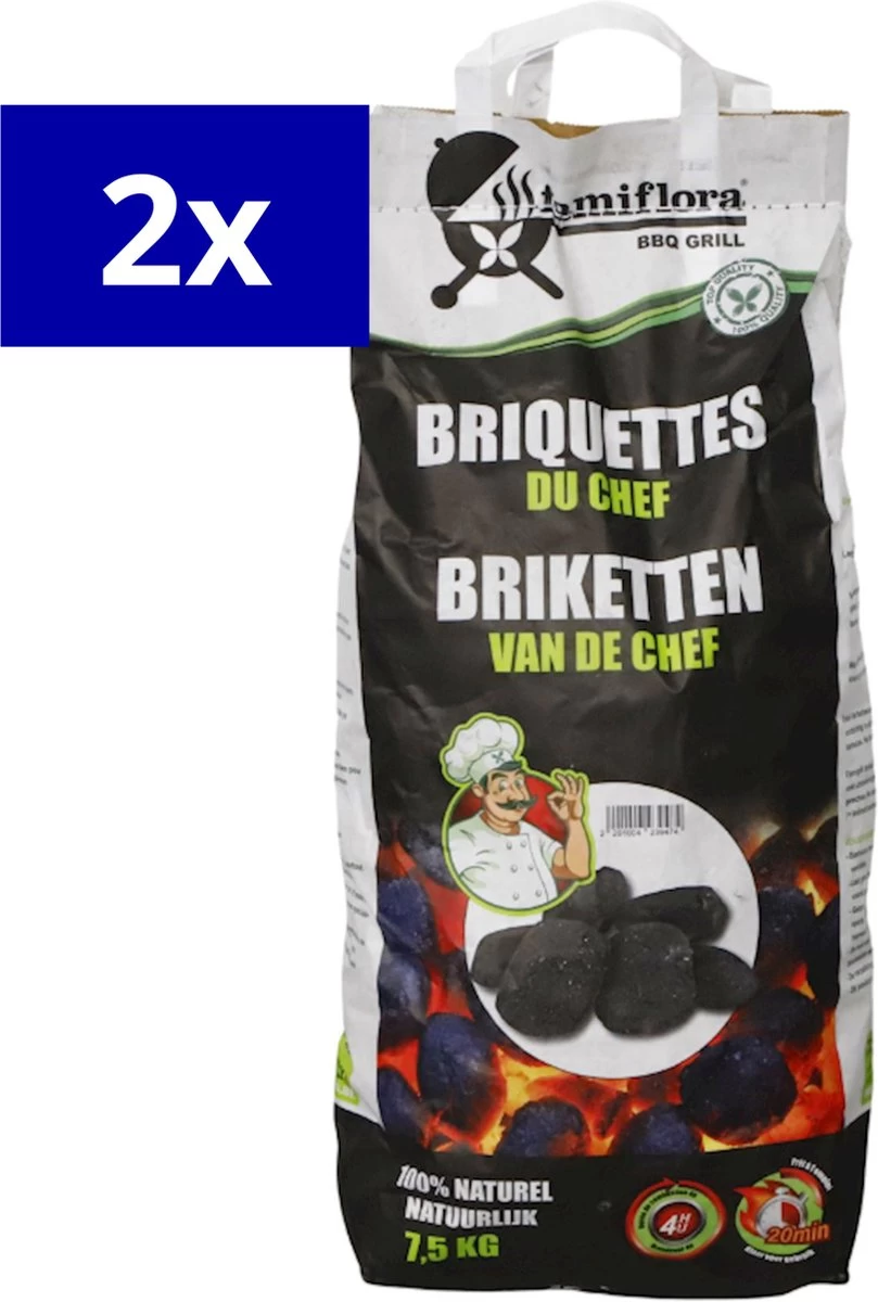 Briquettes De Charbon De Bois Famiflora Pour Le Barbecue 15KG (2 X 7,5KG) - Idéal Pour Les Viandes Avec Un Long Temps De Cuisson - Temps De Cuisson