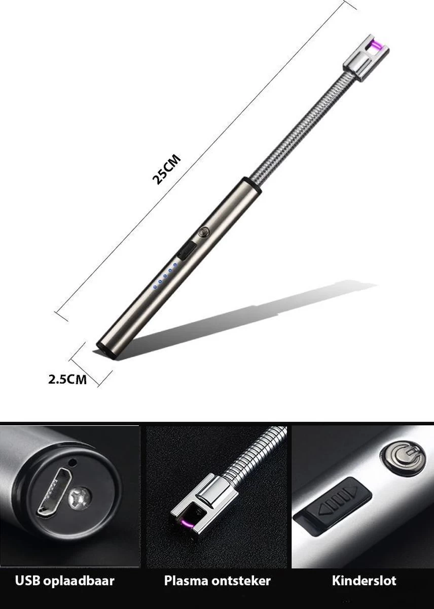 Briquet électrique Long Rechargeable Pliable - Briquet Pliable - Briquet Plasma Durable - Comprend Un Emballage Cadeau - BBQ - Bougies - Argent – Image 3