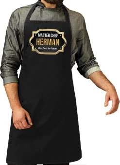 Nom Cadeau Master Chef Herman Tablier De Cuisine / Tablier De Barbecue Noir Pour Homme / Homme - Cadeau Fête Des Pères / Anniversaire / Retraite