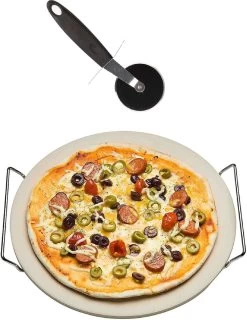 Pierre à Pizza En Céramique Ronde 33 Cm Avec Poignées - Avec Coupe-pizza 19 Cm - Pierre à Pizza Pour BBQ/ Four
