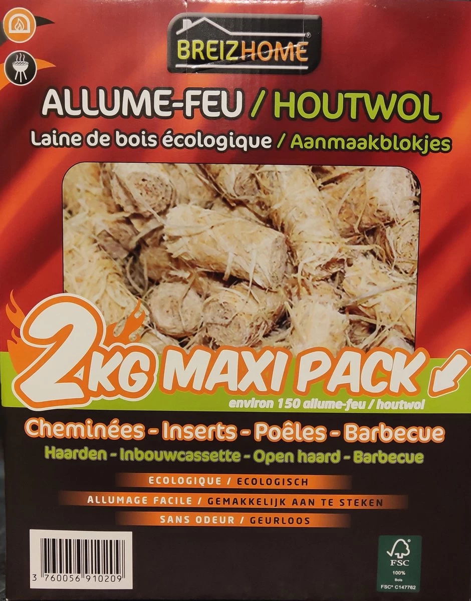 Breizhome Laine De Bois Allume-feu / Copeaux D'allume-feu - Maxipack Environ 150 Pièces 2kg - Allume-feu FSC® - BBQ & Cheminée