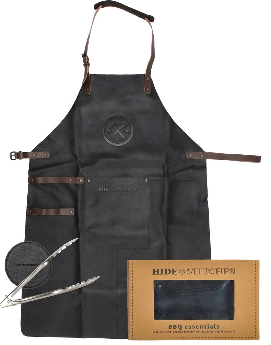 Tablier De BBQ En Cuir Old West + Sous- Sous-verres + Pinces - Set De BBQ - Zwart